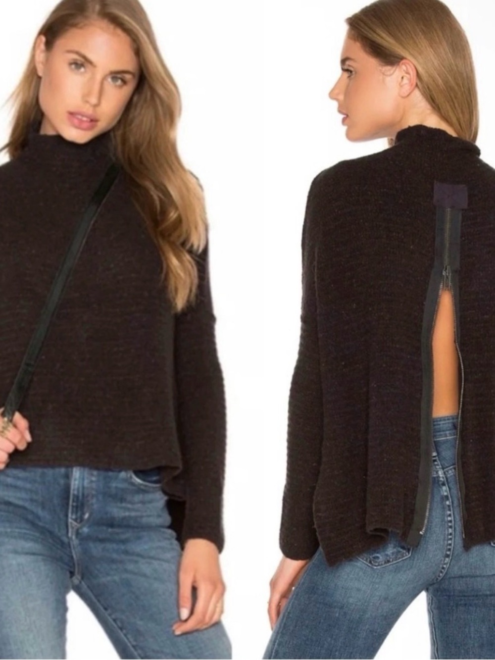 Free People Black Back-Zip Mock Neck Sweater